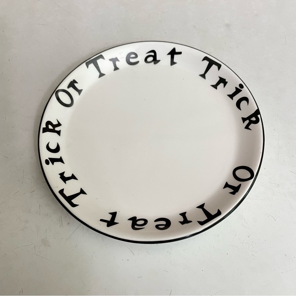 Halloween Trick or Treat Plate White / Black Small Ceramic Vintage